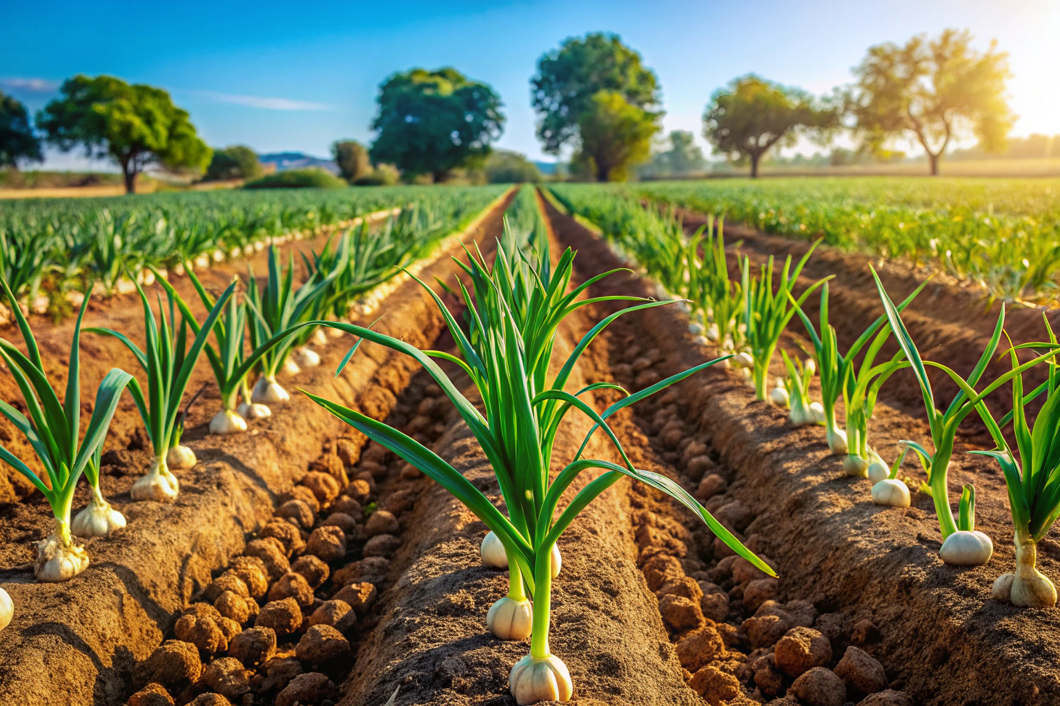 Campo de alho orgânico em Portugal, com fileiras verdes de plantas de alho crescendo no solo fértil, sob a luz do sol, sem elementos de marca ou texto