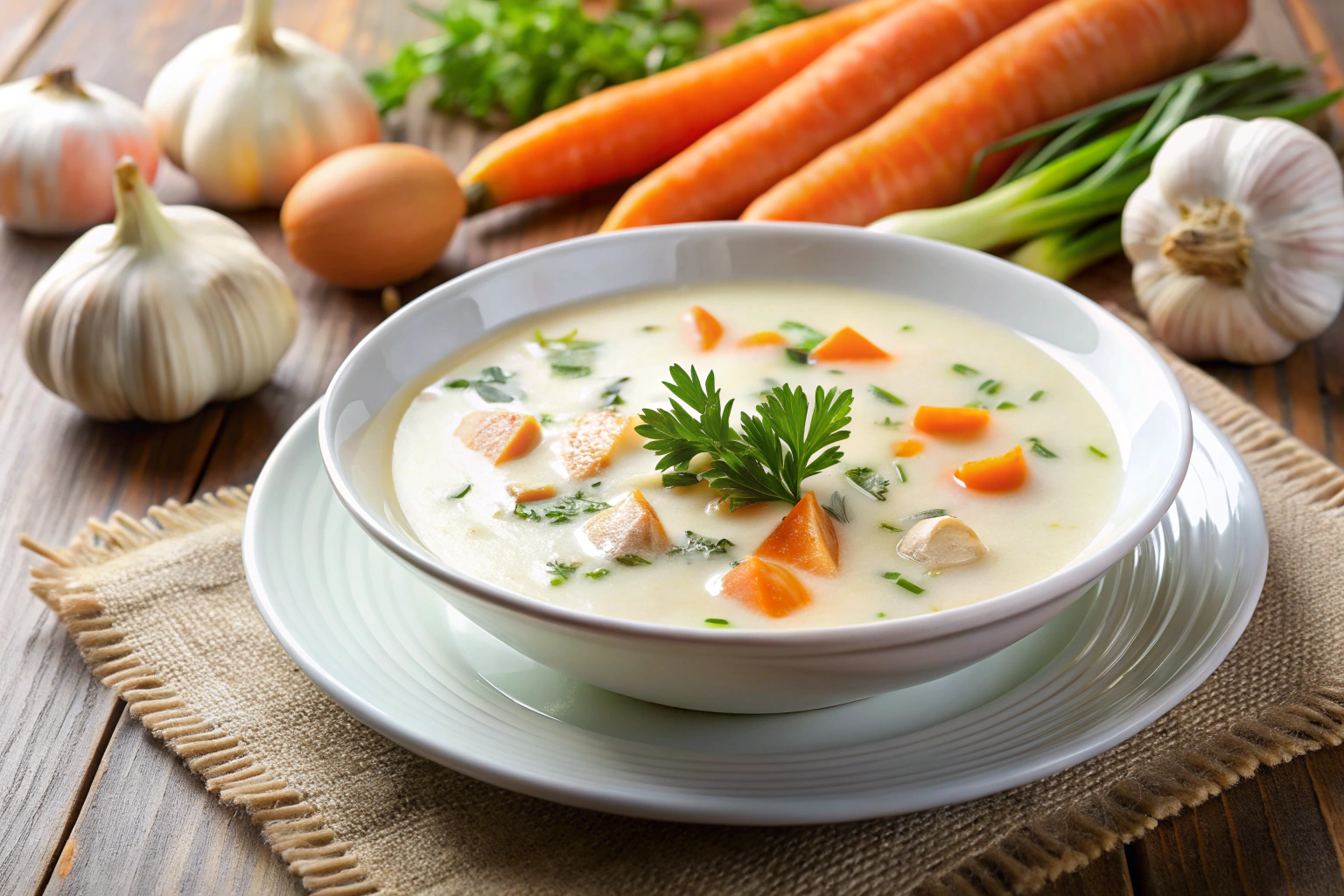 Uma tigela de sopa cremosa de alho e legumes, com pedaços visíveis de cenoura e alho, servida num prato branco simples, sem qualquer texto ou marcas