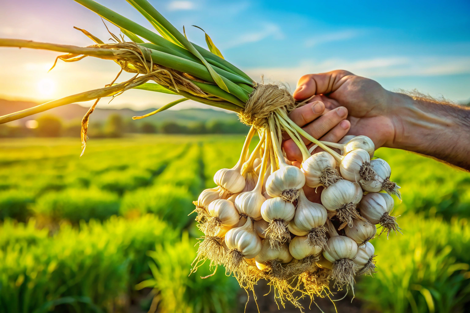 Close-up of a hand holding a bunch of fresh garlic bulbs with roots still attached, against a backdrop of green fields under a sunny sky, emphasizing natural and organic qualities