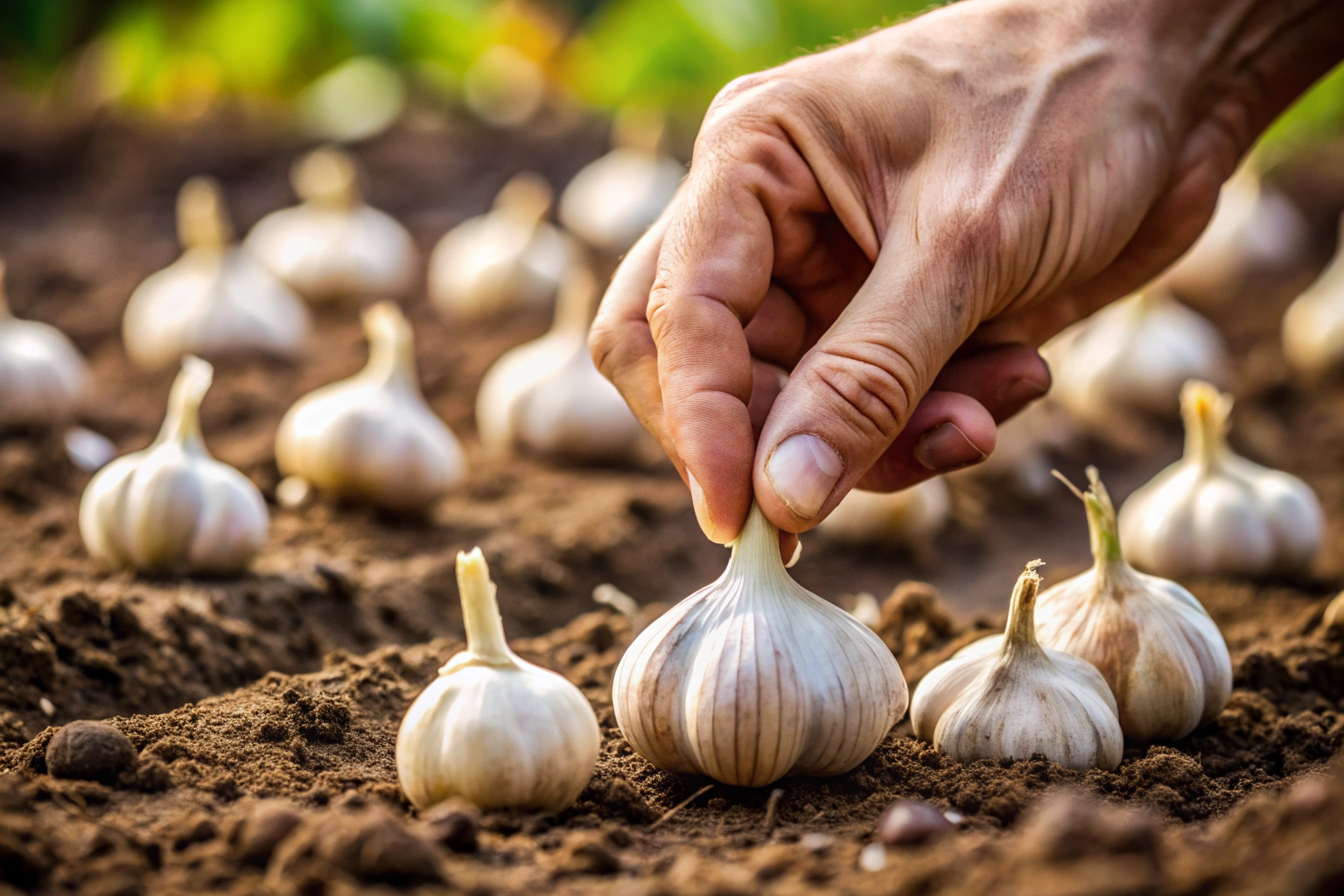 Close-up of garlic cloves being planted in soil, showing hands placing them carefully with no visible branding or text